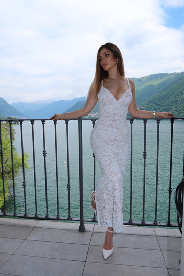 Rochie Midi din Dantelă Albă pe Corset cu Șnur — Elisha